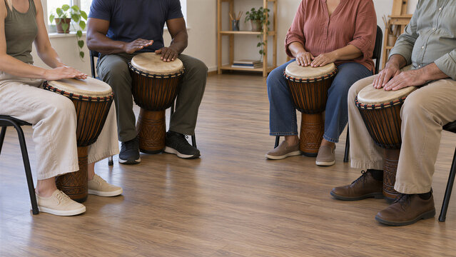 Four seated drum circle participants practice an answering rhythm with low palm movements while others rest their hands on supported goblet drums around an open center