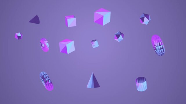 Abstract 3D geometric shapes floating in purple space, neon violet and blue polyhedral elements, minimalist motion background for tech and science