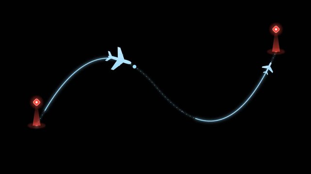 Airplane flying along a curvy flight path route seamless loop motion graphic