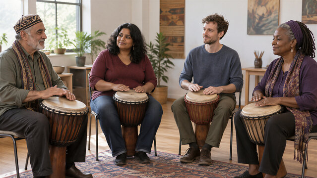 Four drum circle participants share a gentle tapping rhythm with relaxed hands and attentive expressions as the facilitator follows their pace in a daylight community arts room