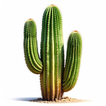 Tall, multi-armed succulent with ribbed green stems, sharp spines, on sandy ground