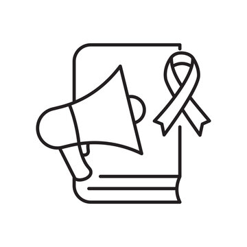 Line icon featuring a megaphone and guidebook for breast cancer education and awareness.
