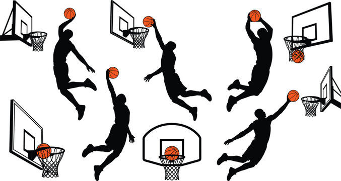 Basketball action silhouette collection displaying solid black athletes slam dunking orange balls into hoop backboards