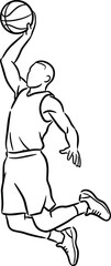 Basketball player jumping high for slam dunk line art vector illustration representing professional athlete sport game action © MDABDUR