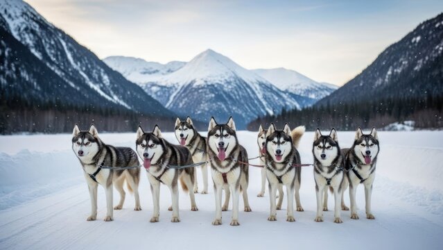 Sled dog team of eight huskies on a snowy trail, winter mountains