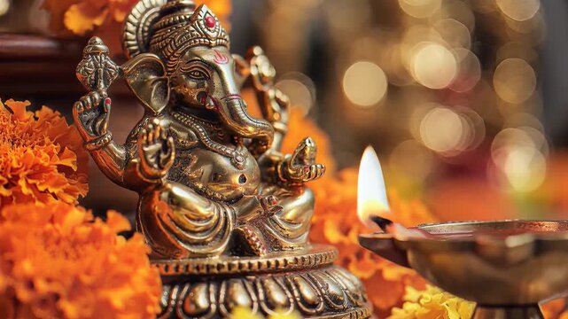 Traditional hindu deity statue with ceremonial oil lamp and flower garlands
