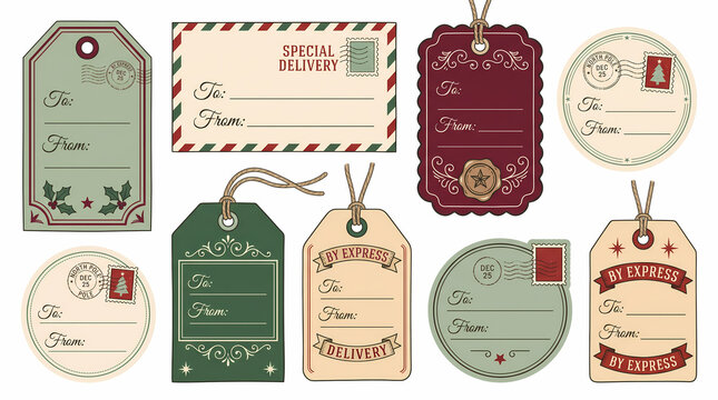 vintage christmas gift tag sticker vector set blank retro holiday labels with envelope postage stamp wax seal editable to from templates