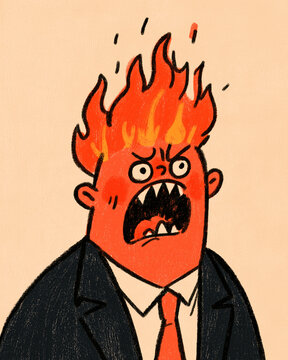 Burning with Rage: An animated caricature of a person engulfed in flames, with an enraged expression and teeth bared, conveying intense anger and frustration.
