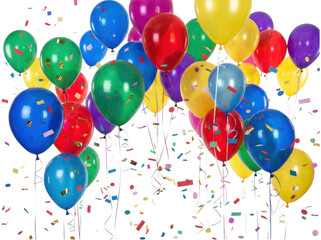 Colorful party balloons floating with falling confetti isolated on transparent background © MS PNG STORE