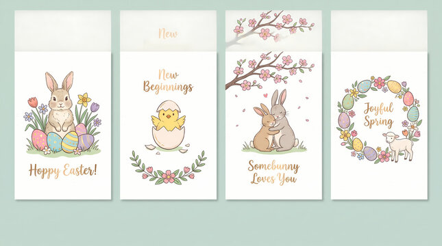 cute easter cards set with bunny rabbit chick colorful eggs spring flowers vector greeting card templates for diy crafts invitations holiday printing