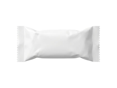 Blank white flow wrapper candy or chocolate bar package isolated on transparent background for sweet branding