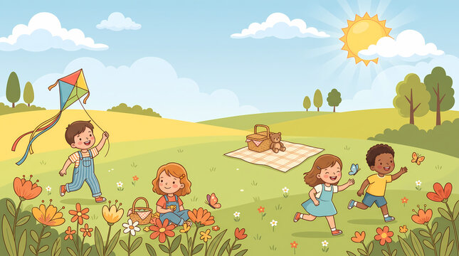 joyful summer kids playing in open fields bright nostalgic children s illustration for books cards apparel nursery decor