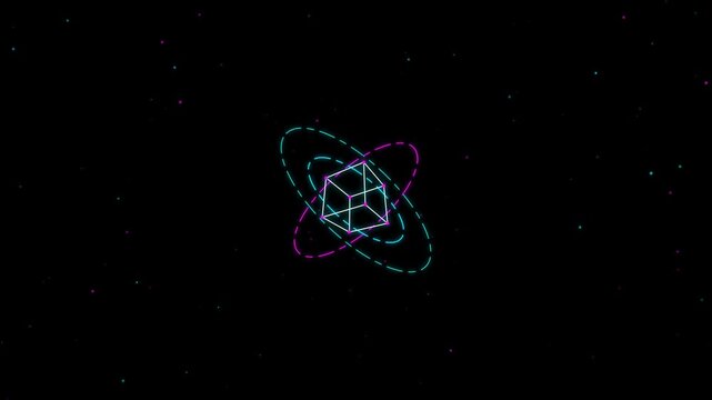 Wireframe 3D Cube with Rotating Neon Orbital Rings in Dark Starry Space Motion Graphics Loop