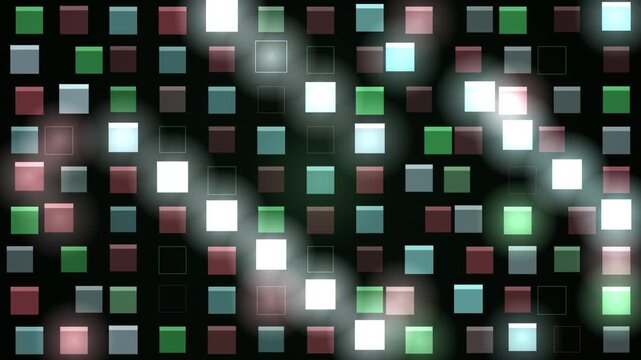 A looping pattern of glowing squares in various colors on a dark background