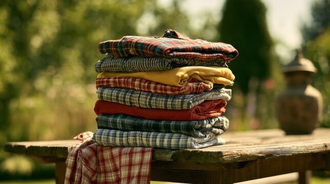 Clothes are neatly stacked on a wooden table in a garden with green background in natural daylight on a clear day.