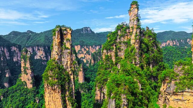 Towering sandstone pillars covered in green vegetation rise under a bright blue sky at Zhangjiajie national forest park in Hunan China.