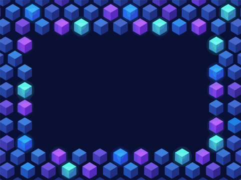 Isometric 3d cubes frame digital border on dark background