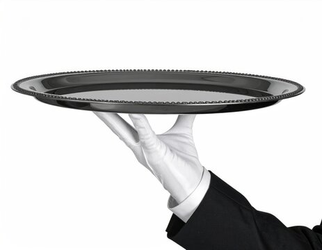 Elegant gloved hand presents an empty, polished serving platter