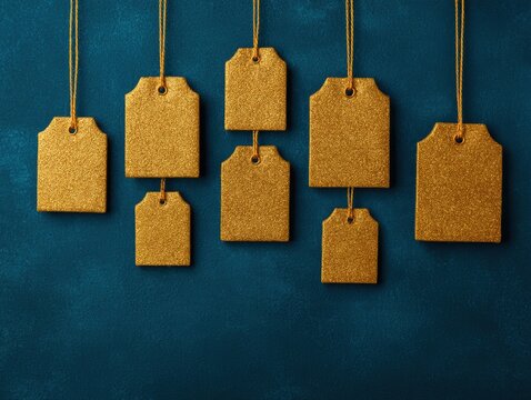 Golden price tag hanging ornament Christmas decoration blank label teal background
