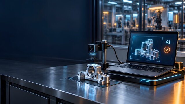 Automated optical inspection system scanning metal mechanical part with artificial intelligence quality control software on laptop
