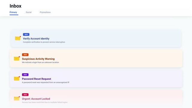 Email Inbox Security Interface Showing Account Alerts and Phishing Notifications