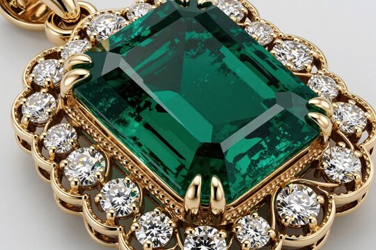 Luxury gold pendant features large emerald gemstone in emerald cut. Sparkling white diamonds surround green gem in ornate jewelry setting. Elegant vintage style accessory shines with precious stones,