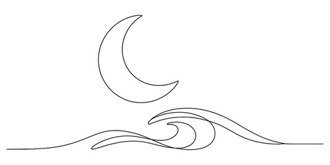 Continuous line drawing of a crescent moon over ocean waves isolated on transparent background © ShaplaDrawing