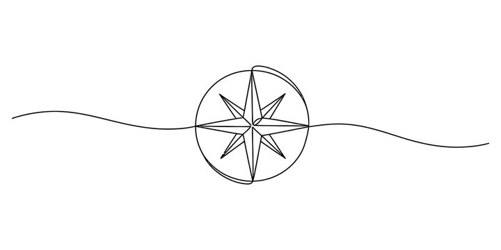 Compass rose icon with wave line in single line art style isolated on transparent background