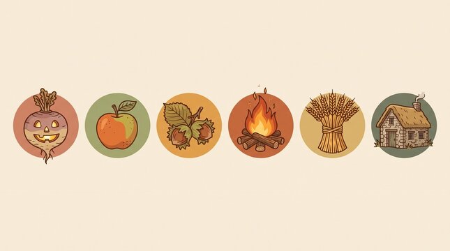 Minimalist samhain harvest icons set featuring turnip apple hazelnuts bonfire and cottage.