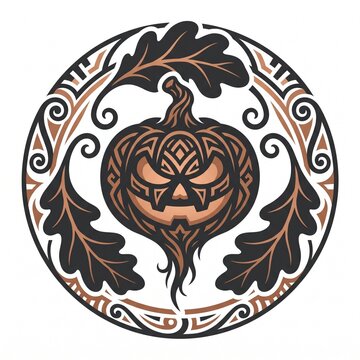Tribal style jack o lantern turnip emblem with celtic swirls and oak leaves on white back.