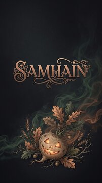 Samhain decorative text with glowing carved turnip jack o lantern for celtic pagan holiday.