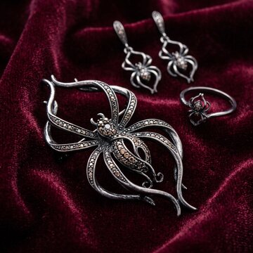 Gothic spider jewelry set including brooch and earrings on luxury burgundy velvet fabric mat.