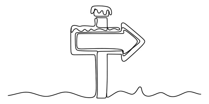 Single line drawing of a wooden arrow signpost in winter isolated on transparent background