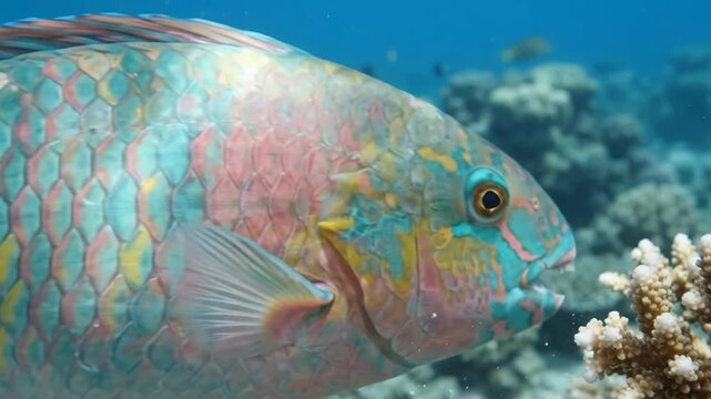 Underwater parrotfish nibbling on colorful coral reef in the deep