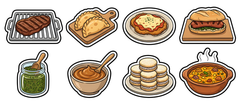 A vibrant sticker collection of authentic Argentine cuisine, including asado, empanadas, milanesa napolitana, choripan, chimichurri sauce, dulce de leche, alfajores, and locro stew.