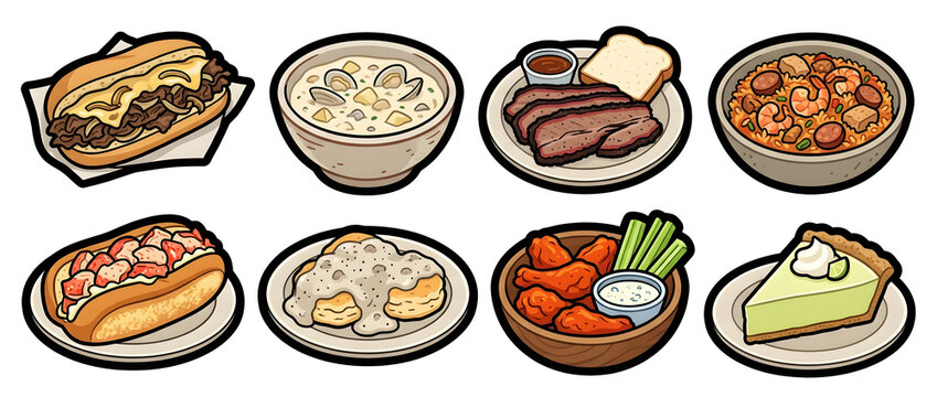 Illustration set of 8 traditional American food icons including Philly cheesesteak, clam chowder, Texas BBQ brisket, jambalaya, lobster roll, biscuits gravy, wings and key lime pie.