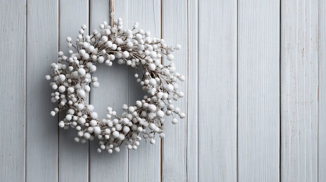 Frosted white Christmas wreath with silver berry ornament hangs on pale wood plank wall, creating calm and elegant winter holiday decoration