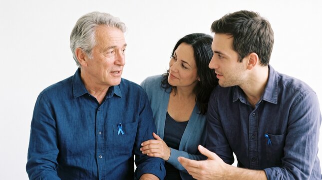 A family gathering, with a father speaking to his son and daughter. They appear to be having a serious conversation, possibly about a medical condition or a personal matter.
