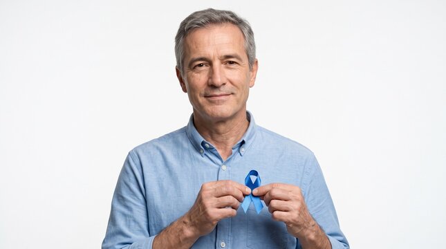 A kindly senior man holding a blue ribbon with a determined yet hopeful expression. He is wearing a light blue button-up shirt and has gray hair and a gentle smile. The background is plain and light.