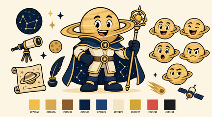 Saturn planet mascot character for space and astronomy branding. © Veylorn