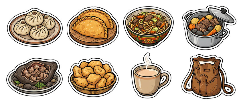 Traditional Mongolian food set featuring buuz dumplings, khuushuur, tsuivan noodles, khorkhog, boodog, boortsog, suutei tsai, and airag.