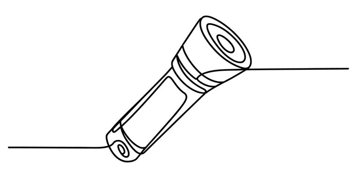 Continuous single line drawing of a simple handheld flashlight isolated on transparent background