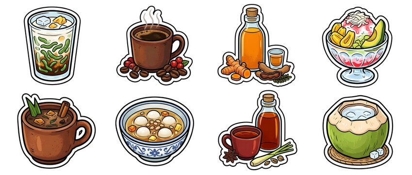 Indonesian traditional drink sticker set including es cendol, luwak coffee, jamu herbal, es teler, bajigur, wedang ronde, bir pletok, and fresh coconut.