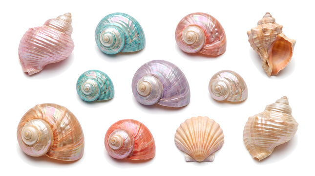 Collection of iridescent seashells and spiral snail shells isolated on a transparent background