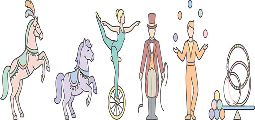 Vintage circus performers vector icon set featuring juggler unicycle acrobat ringmaster and trained show horses © MDNUR