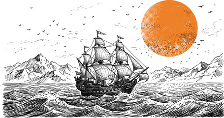 Vintage hand drawn sailing ship navigating rough ocean waves with a large orange sun and mountain backdrop © MSTACCHMA