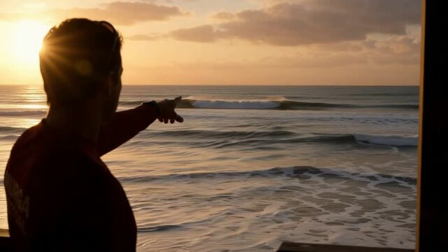 Lifeguard pointing at dangerous rip current in ocean water during
