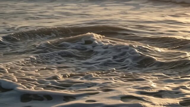 Dangerous rip current flowing through ocean waves at sunrise near