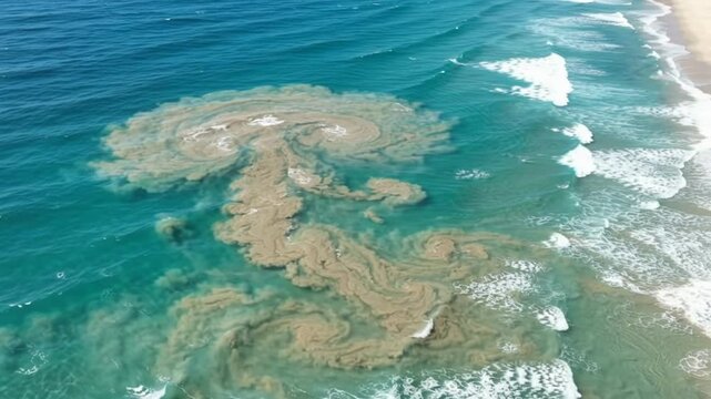 Dangerous rip current forming sand plume in ocean water near sandy