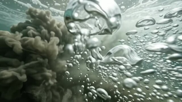 Turbulent rip current flowing underwater with powerful ocean waves
